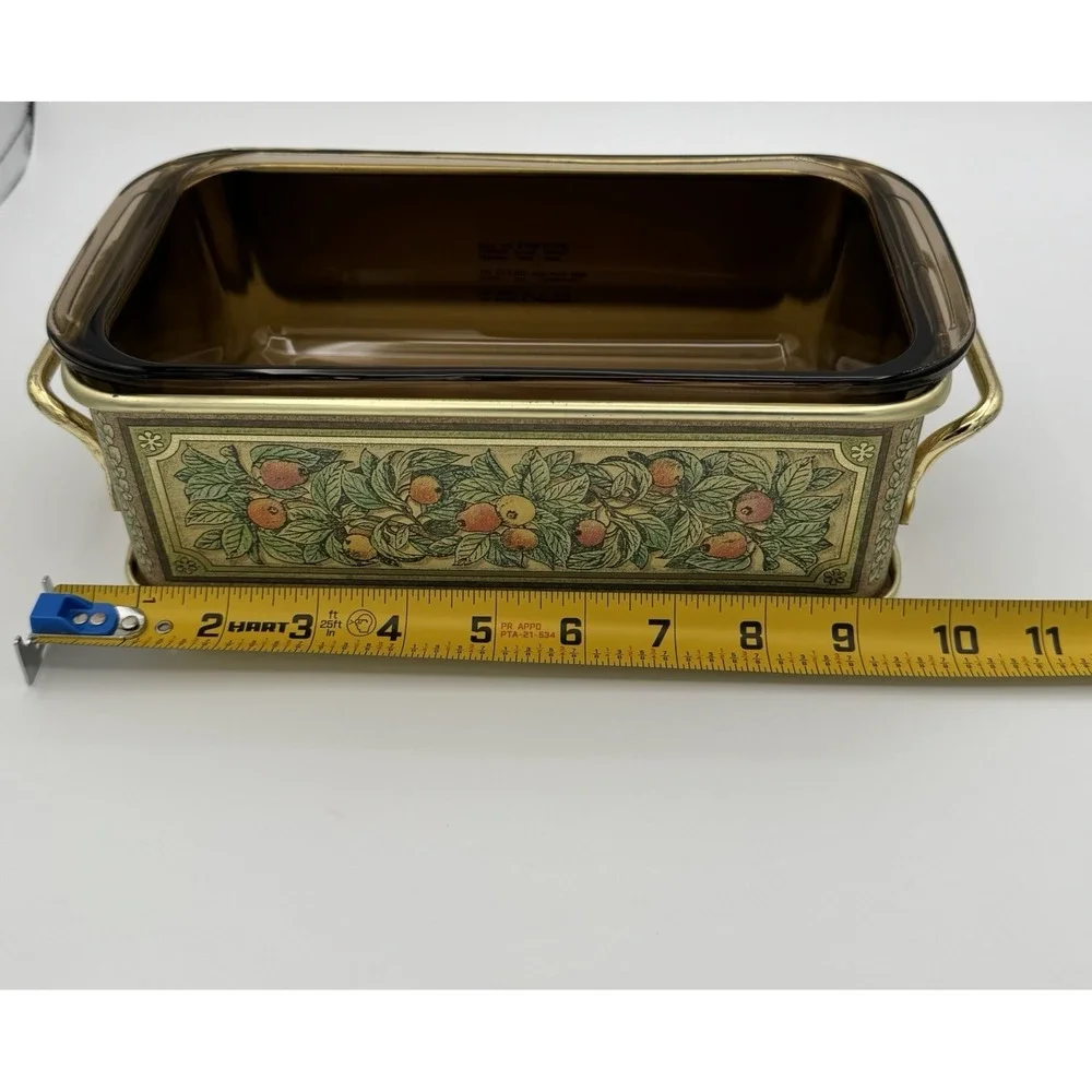 Vintage Pyrex 213 Fruit Harvest Amber Loaf‎ Pan w Metal Cradle 1.5 Qt